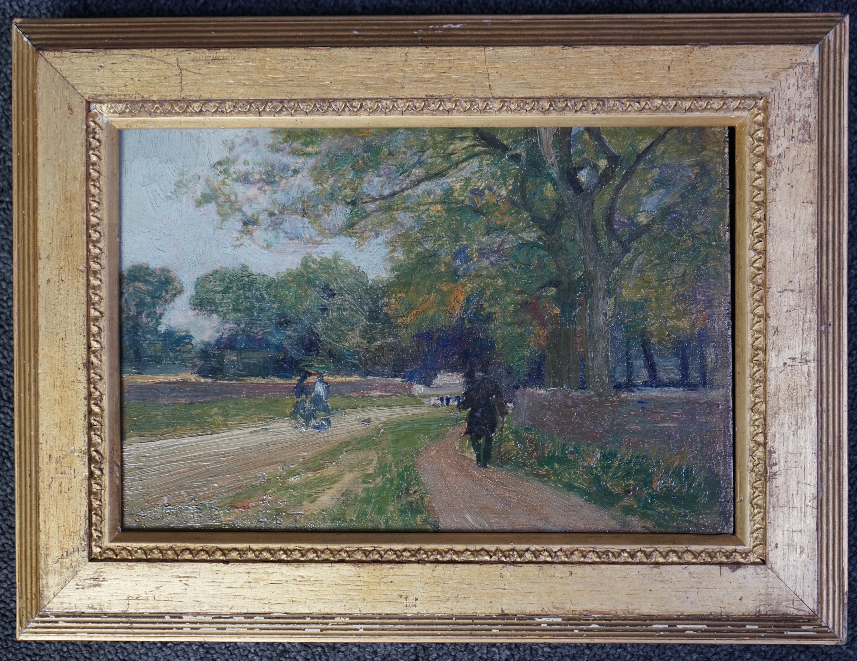 Sir Alfred Edward East (English, 1844-1913), Figures in parkland, oil on panel, 16 x 24cm